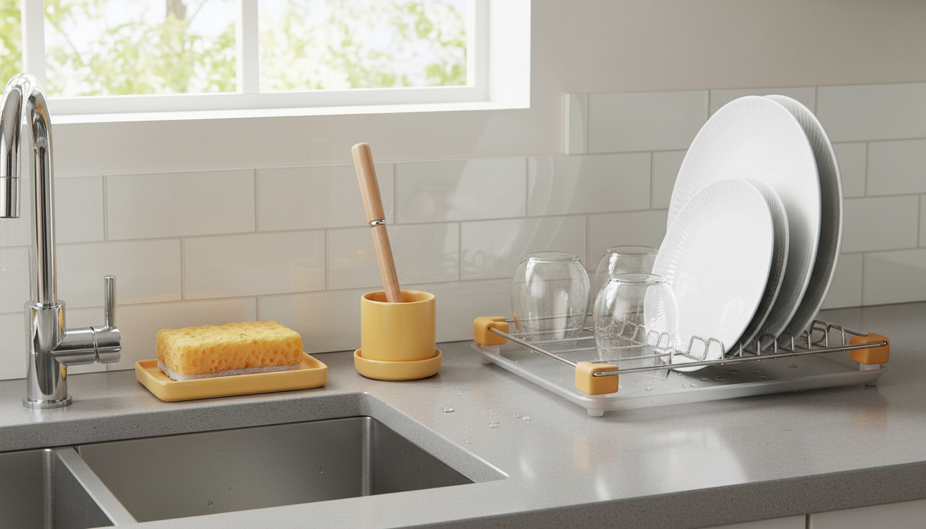 Kitchen sponge placed beside a dish brush and a drying rack near a sink; bright and hygienic setup