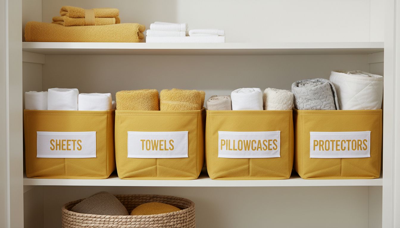 A neatly organized linen shelf with labeled bins for sheets, towels, pillowcases, and protectors, professional high-quality photo