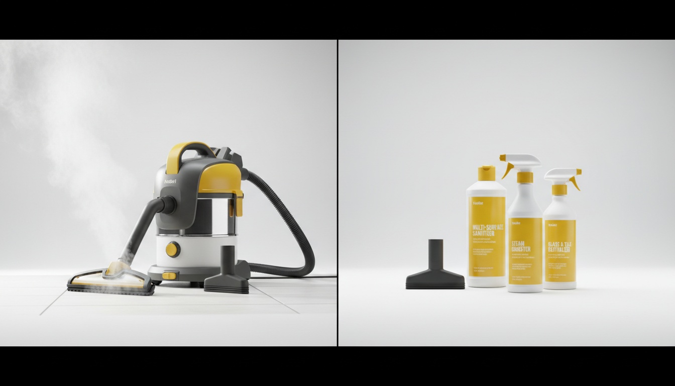 Split scene showing a steam cleaner on one side and labeled cleaning bottles on the other, clean studio background