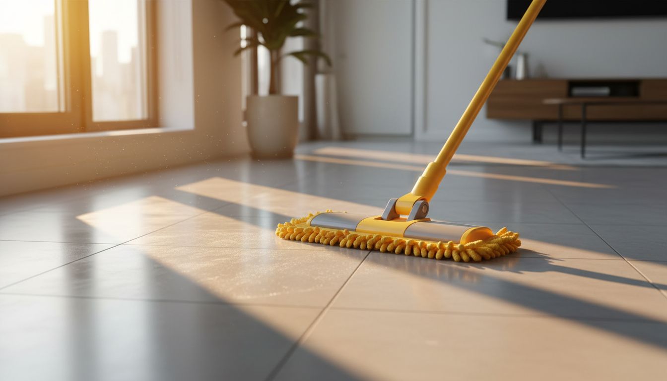 A microfiber flat mop cleaning a condo tiled floor with sunlight coming through a window