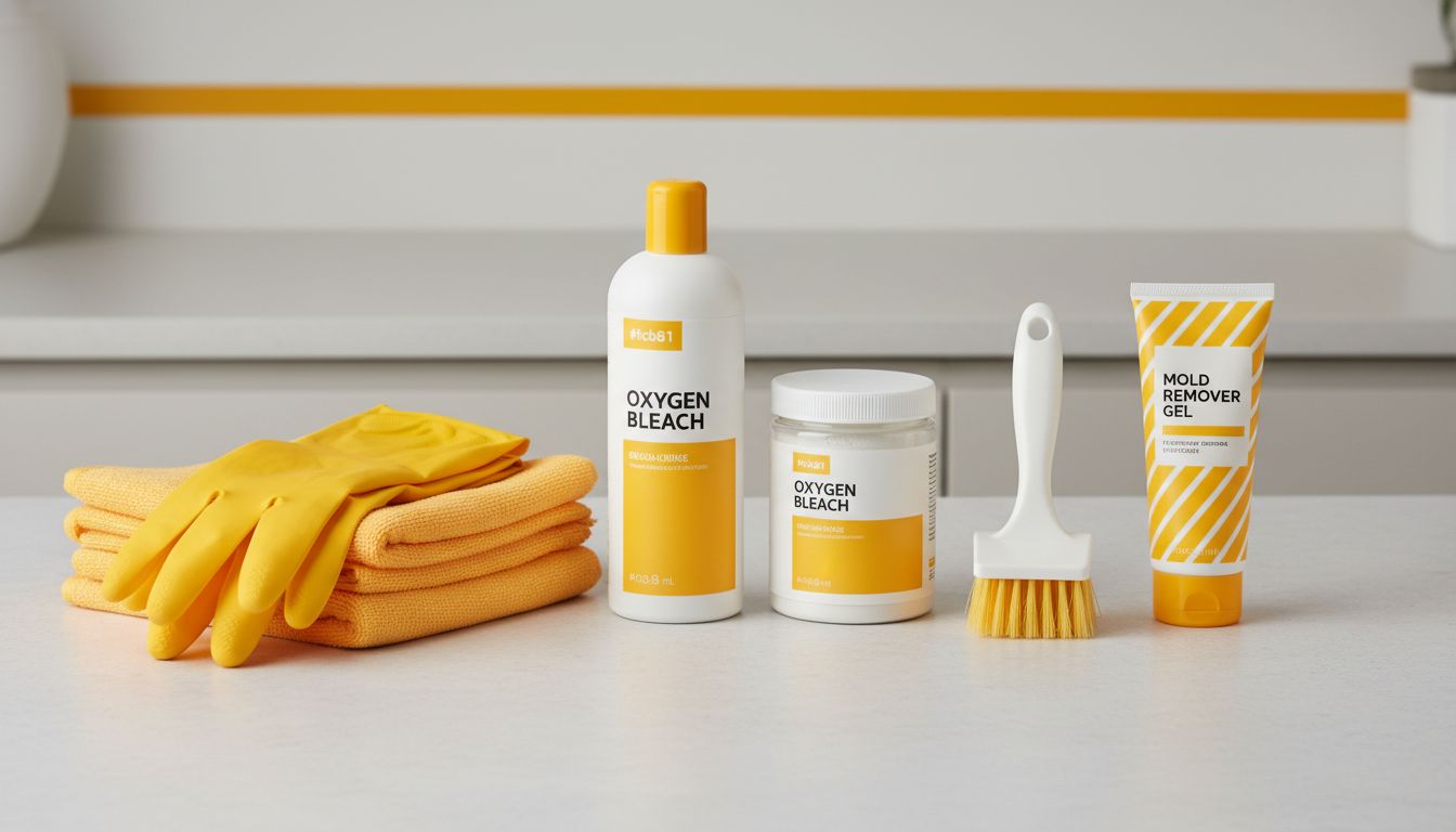 Professional cleaning products arranged neatly—oxygen bleach, grout brush, mold remover gel, gloves, and microfiber towels