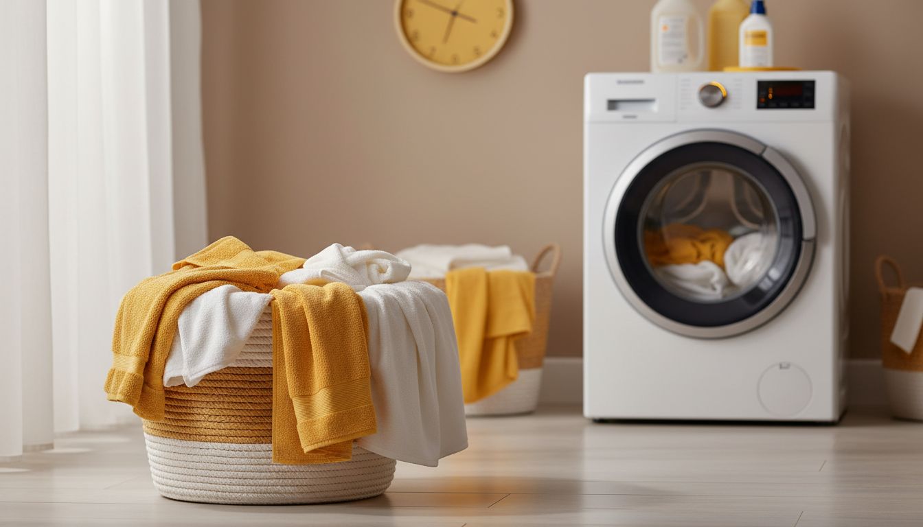 Professional photo of a laundry basket with towels and bedsheets, with a washing machine in the background