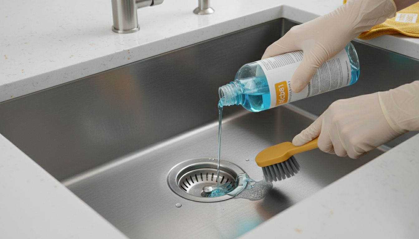 Stainless kitchen sink with drain visible; person pouring a measured cleaning solution and scrubbing around the drain ring