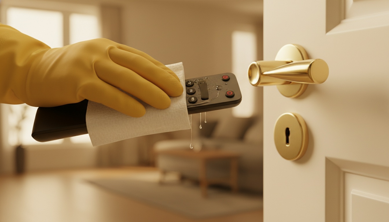 A close-up of a gloved hand wiping a TV remote and door handle with disinfectant, professional high-quality photo
