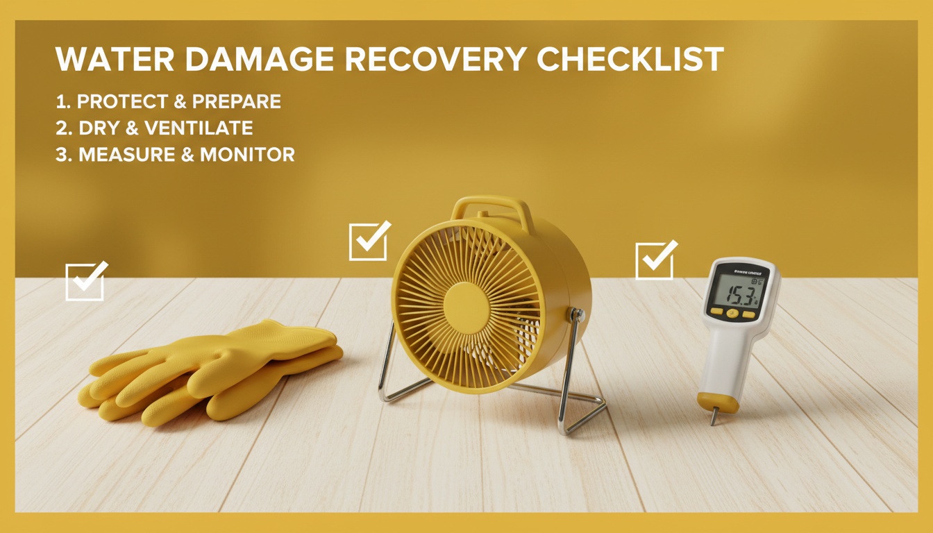 A checklist-style scene with cleaning gloves, a fan, and a moisture meter on a table, professional lighting