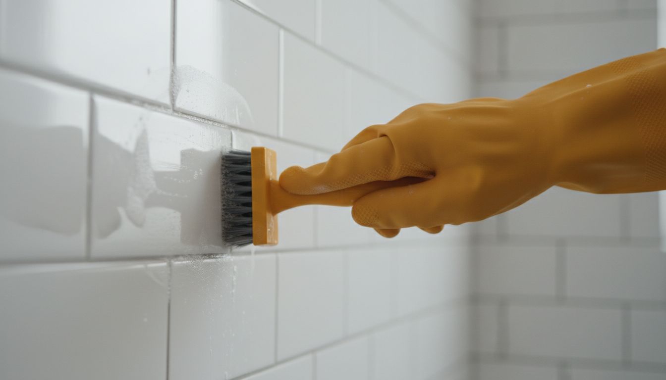 A gloved hand using a small grout brush on bathroom tile lines