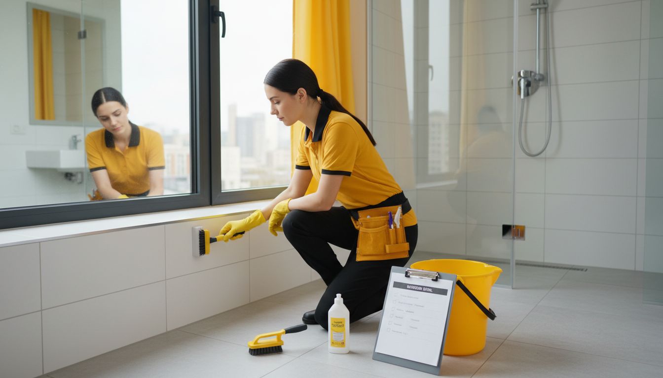 Uniformed professional cleaner ventilating a bathroom while detailing tiles and grout with a checklist on a clipboard