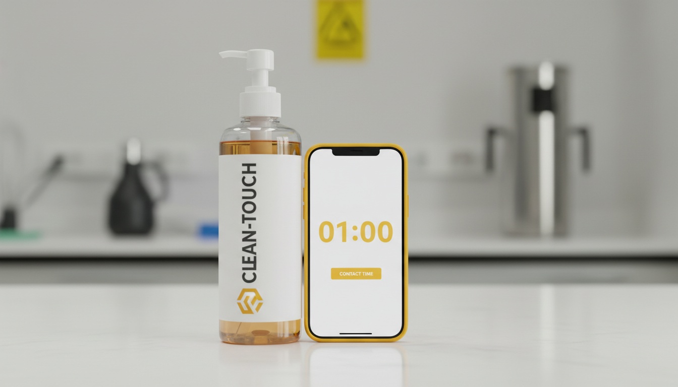 Professional photo of disinfectant bottle next to a timer/phone showing countdown, emphasizing contact time