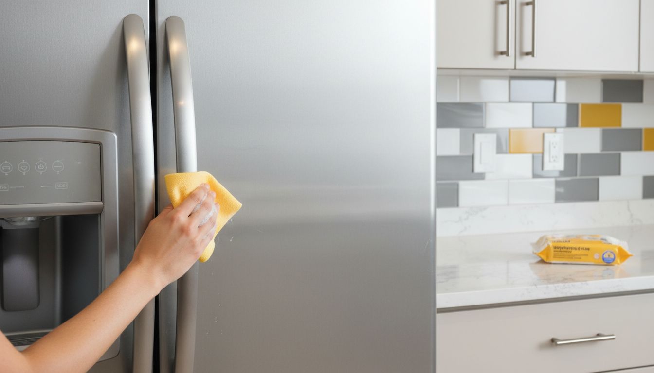 Close-up of hands wiping refrigerator handle and light switches with a disinfecting wipe; clean modern kitchen background