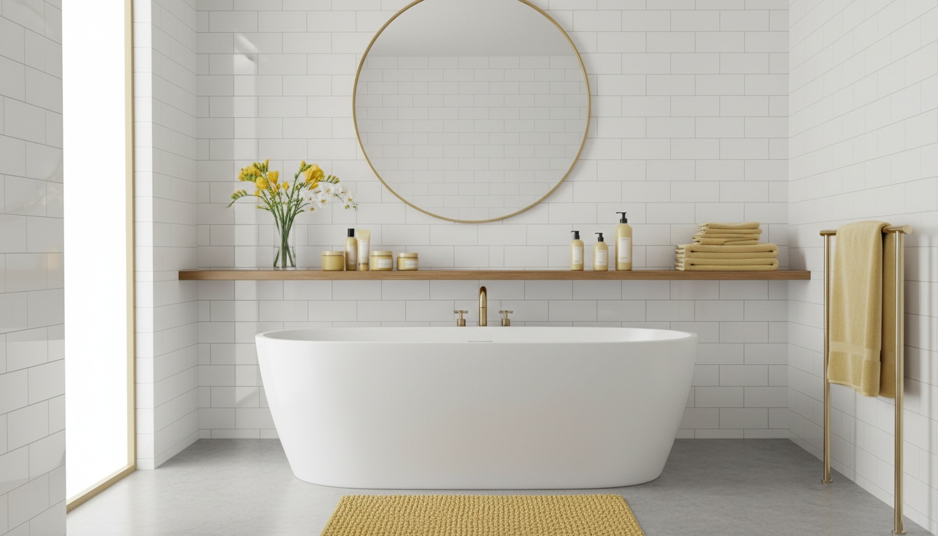 A sparkling bathroom with visible clean grout lines, organized toiletries, and fresh towels, professional high-quality photo