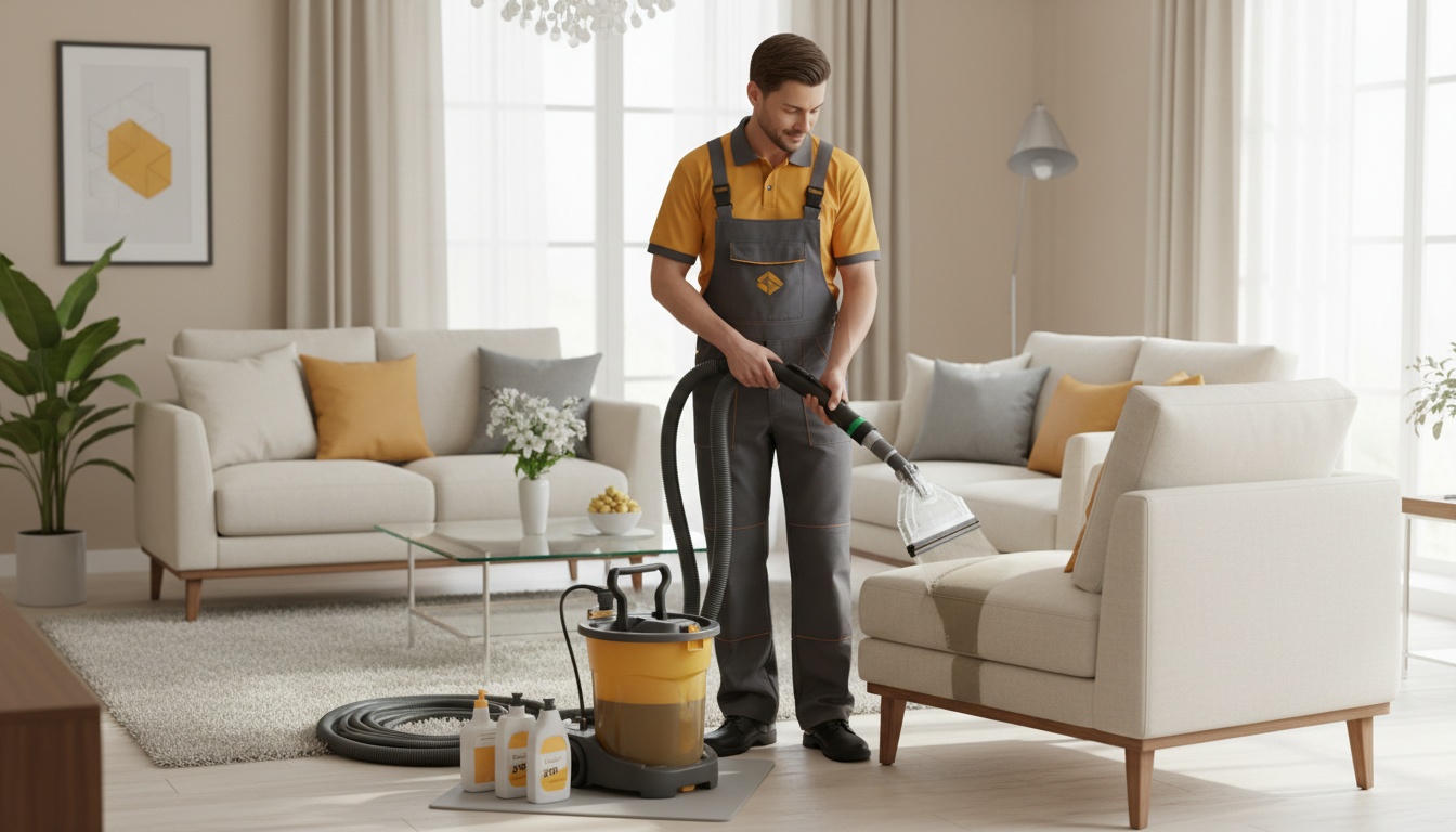 A uniformed professional cleaner using an upholstery extractor in a modern living room, neat and trustworthy aesthetic