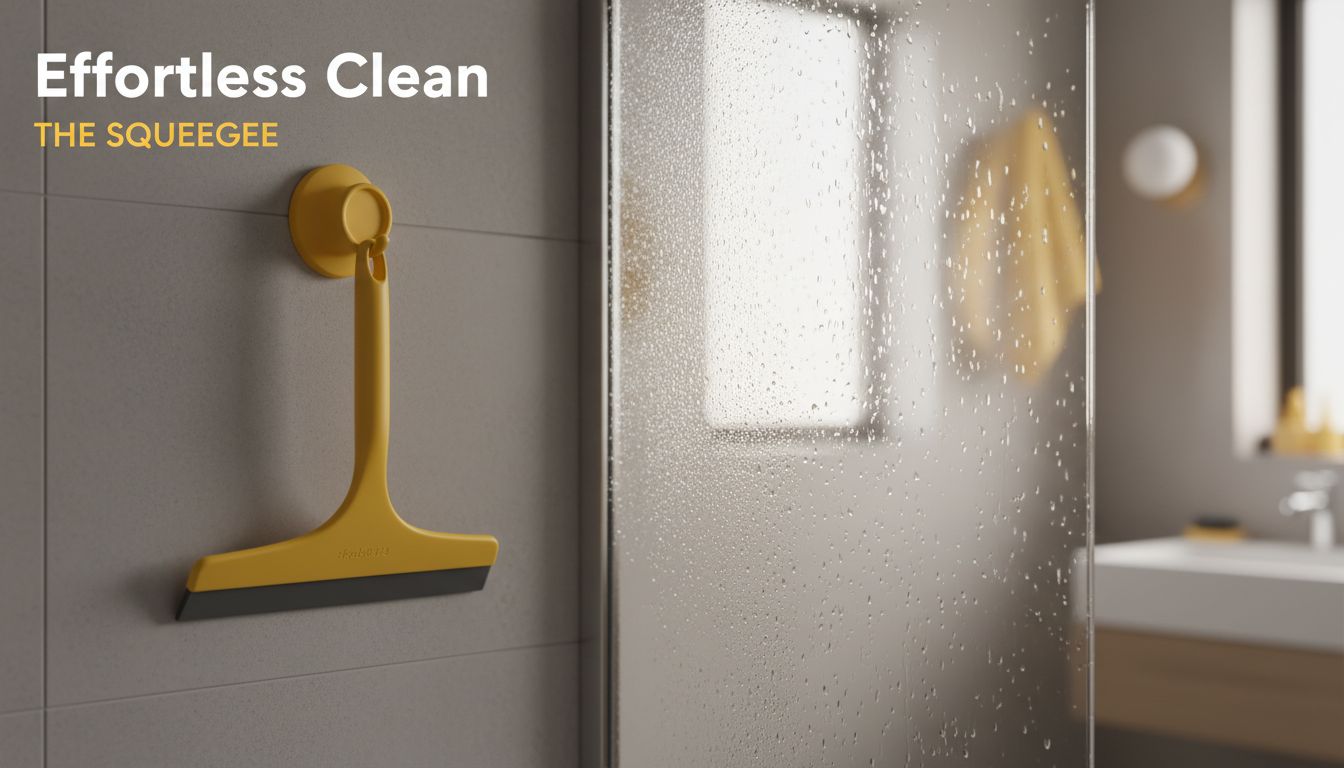 A sleek silicone squeegee hanging on a shower wall next to glass panels