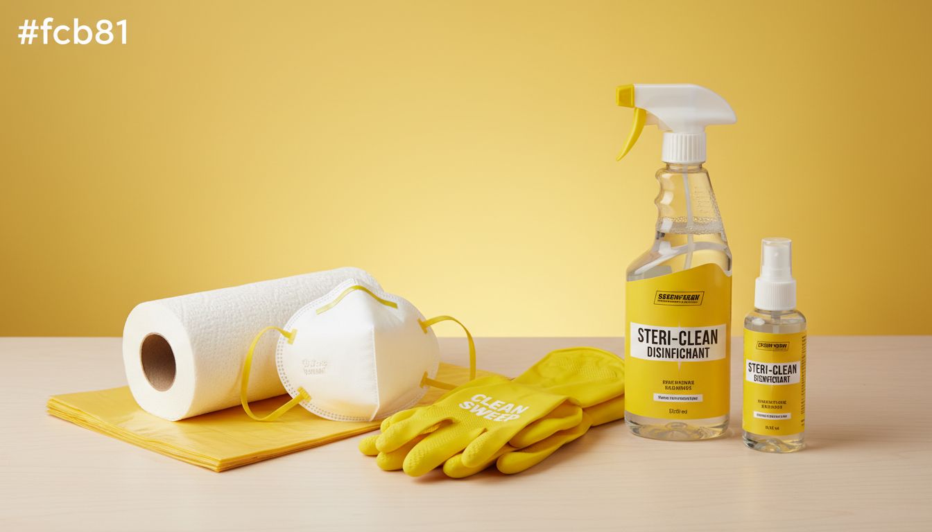 Professional photo of a cleaning kit laid out: gloves, mask, paper towels, disposable bags, disinfectant