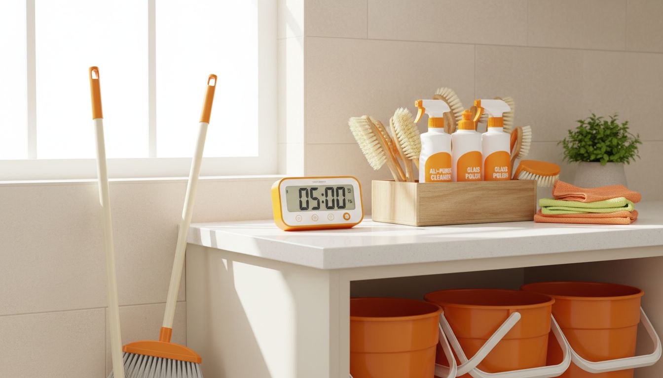 Timer beside a tidy kitchen counter and organized cleaning tools; natural lighting