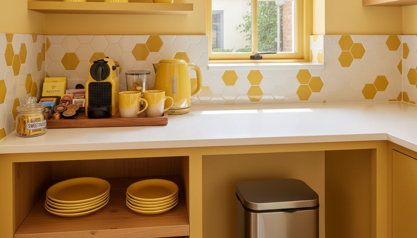 A short-term rental kitchenette with clean counters, sealed trash bin, and neatly arranged coffee/tea station, professional high-quality photo