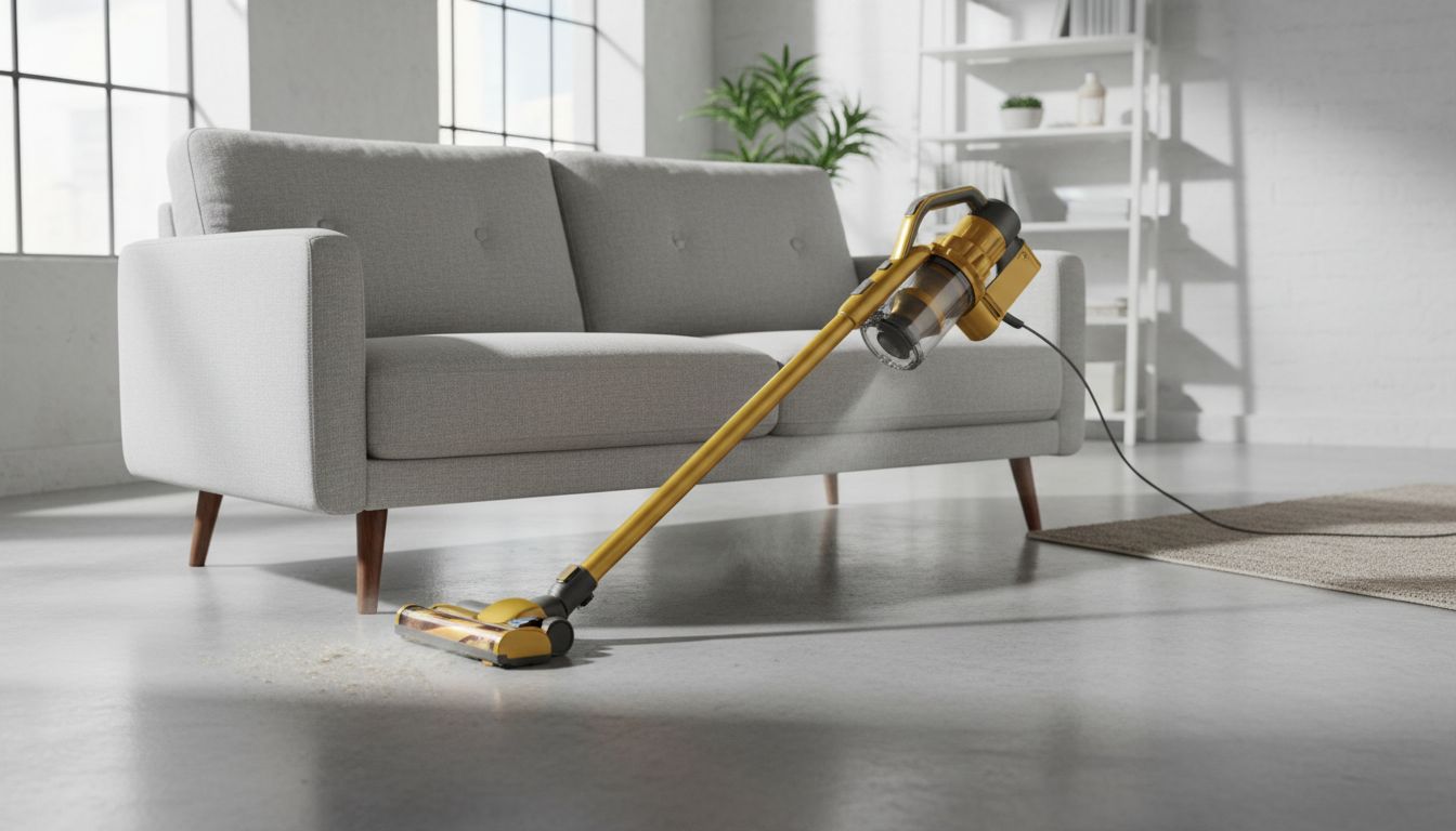 A compact stick vacuum cleaning under a small sofa in a studio apartment