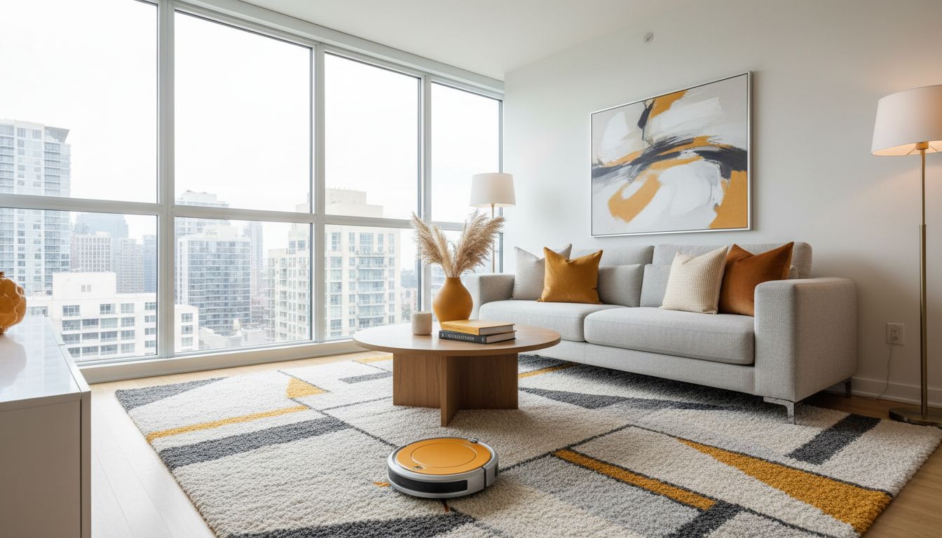 A vacuum cleaning a rug beside a sofa in a bright condo living room, professional high-quality photo
