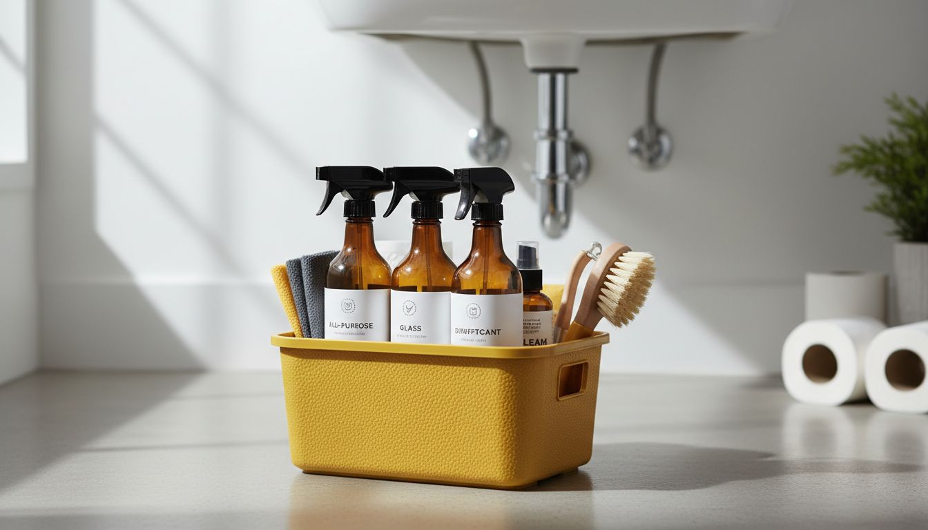 A compact cleaning caddy under a sink with neatly arranged essentials