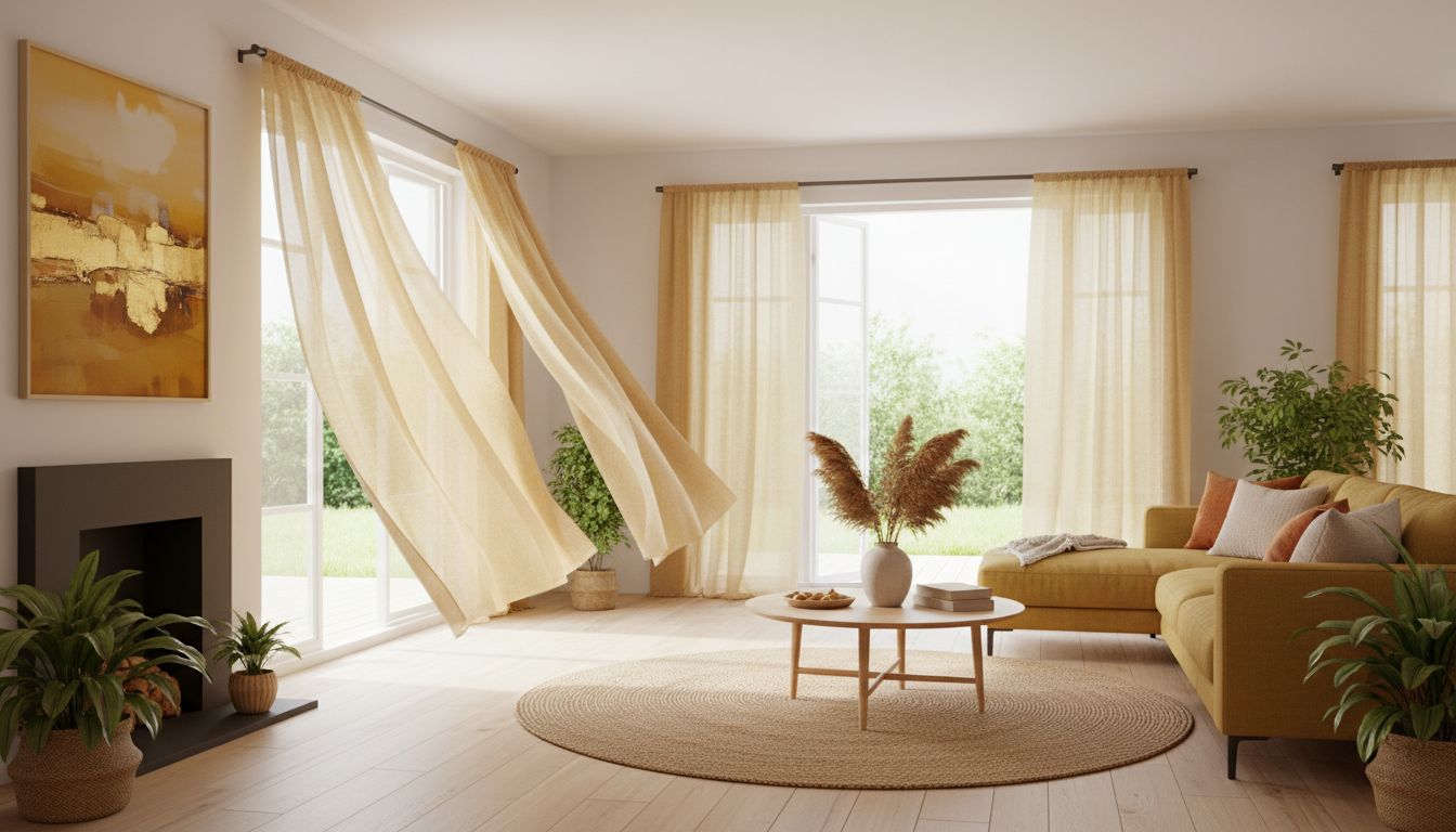 Professional photo of an airy living room with open windows and curtains moving slightly, showing ventilation