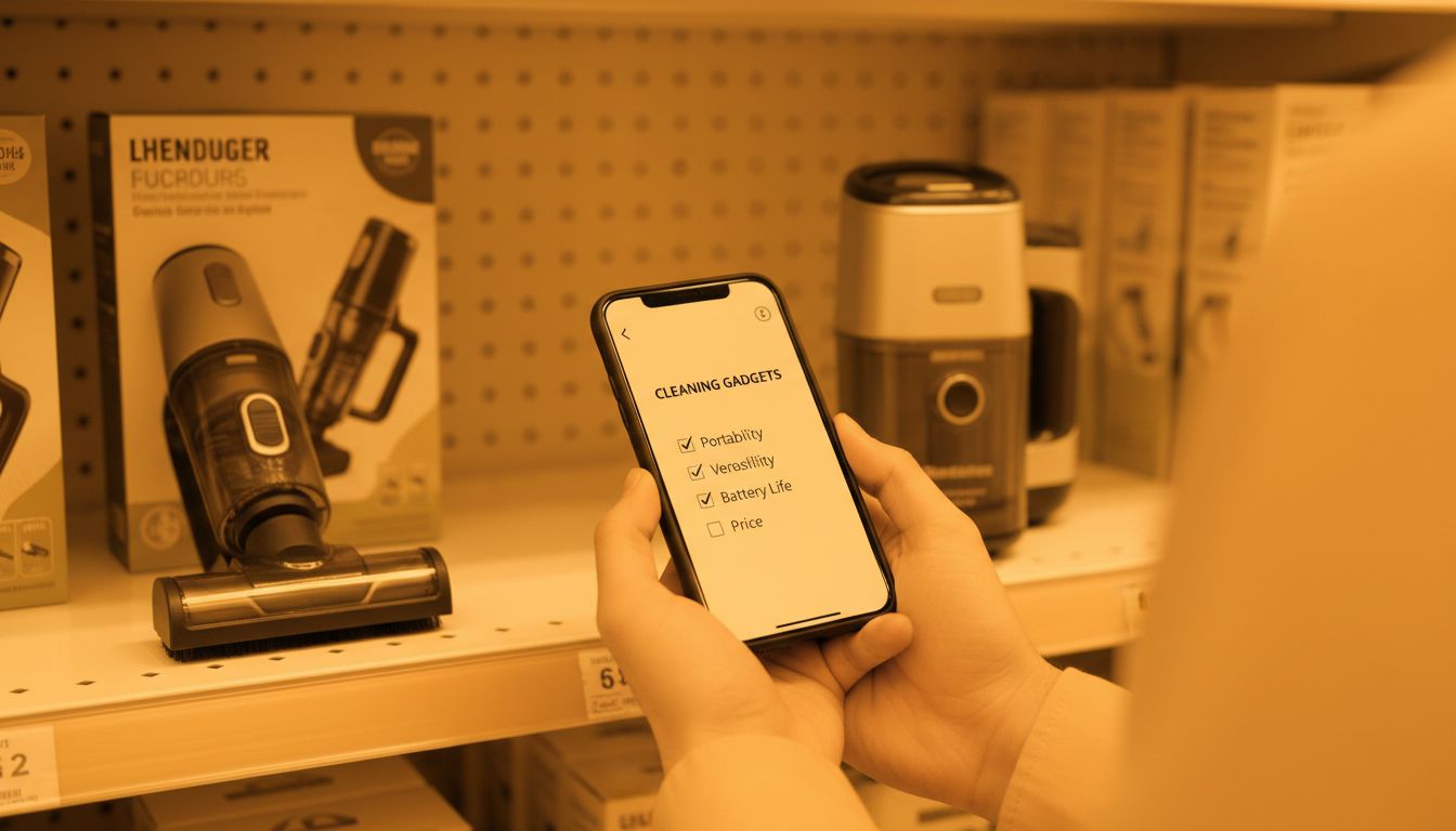 A shopper comparing compact cleaning tools on a shelf with a short checklist on a phone