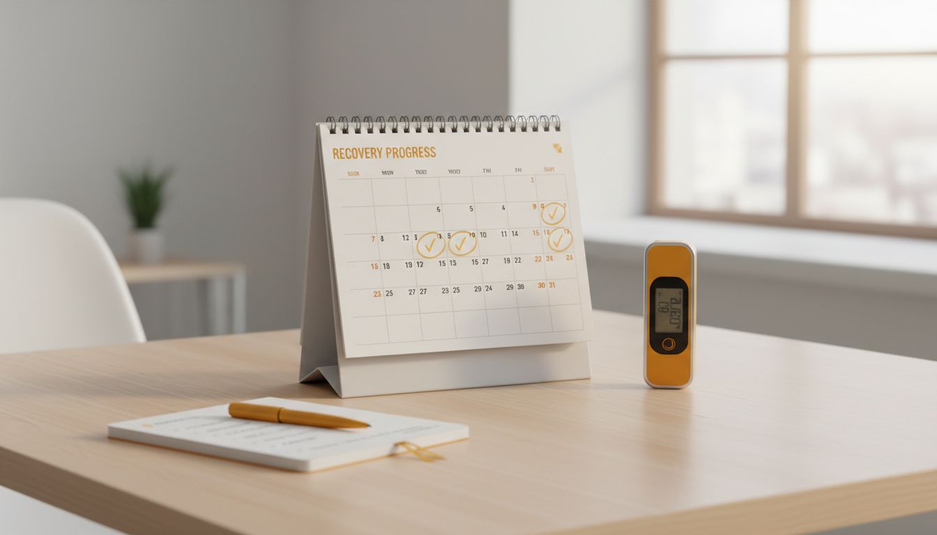 Professional photo of a calendar and thermometer on a clean desk, suggesting recovery tracking