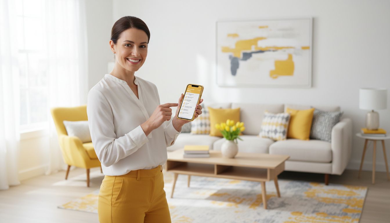 A host holding a phone and checking a digital checklist while standing in a tidy living room, professional high-quality photo