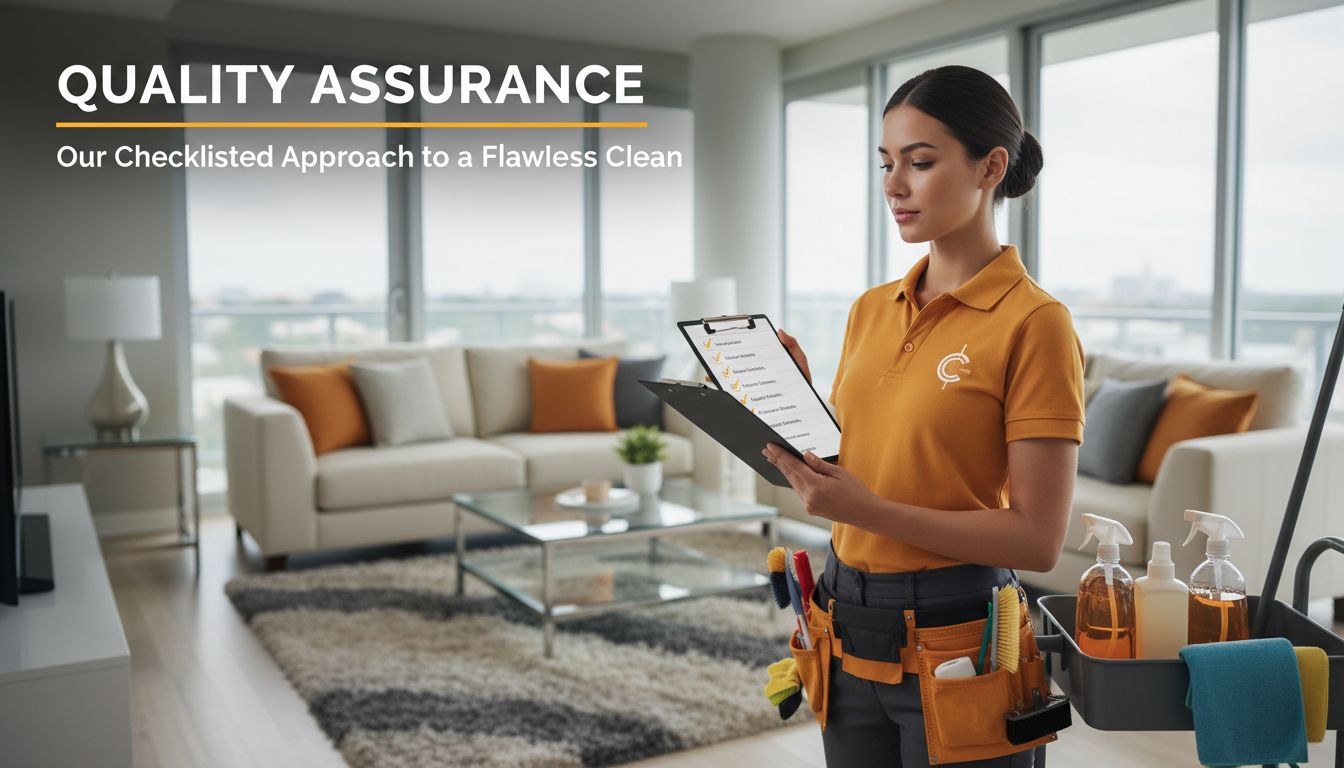 A uniformed professional cleaner using a checklist in a condo living room