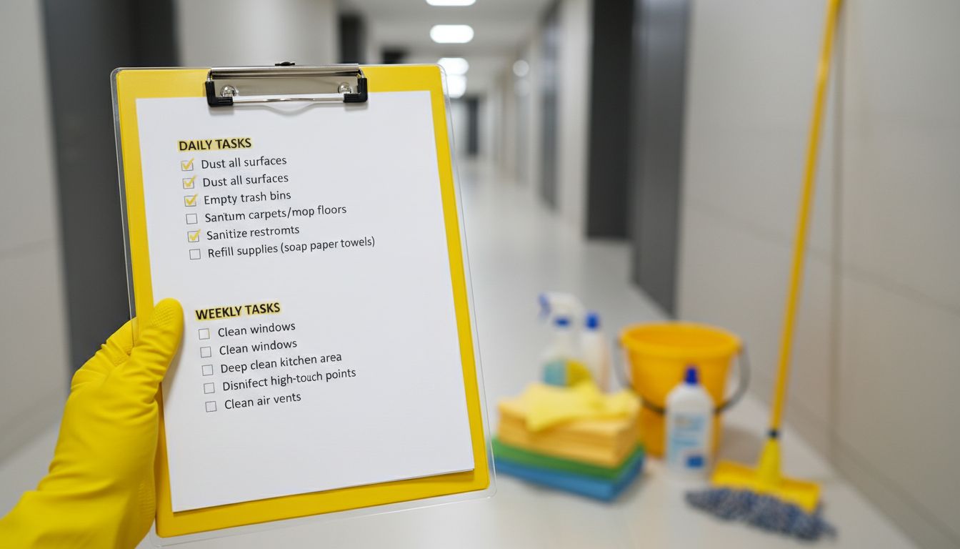 Professional photo of a cleaner’s checklist on a clipboard with cleaning supplies in the background