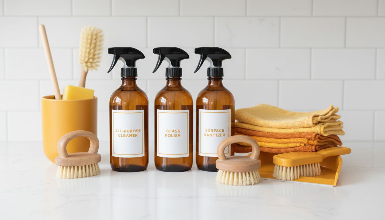 A neatly arranged set of cleaning supplies with labeled spray bottles and color-coded cloths on a counter, professional high-quality photo