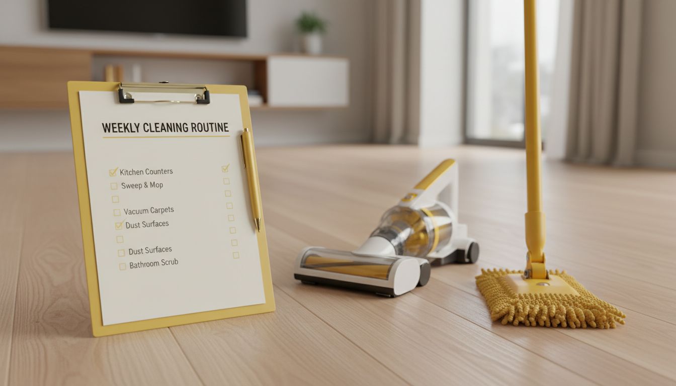 A small weekly cleaning checklist on a clipboard beside a microfiber mop and compact vacuum