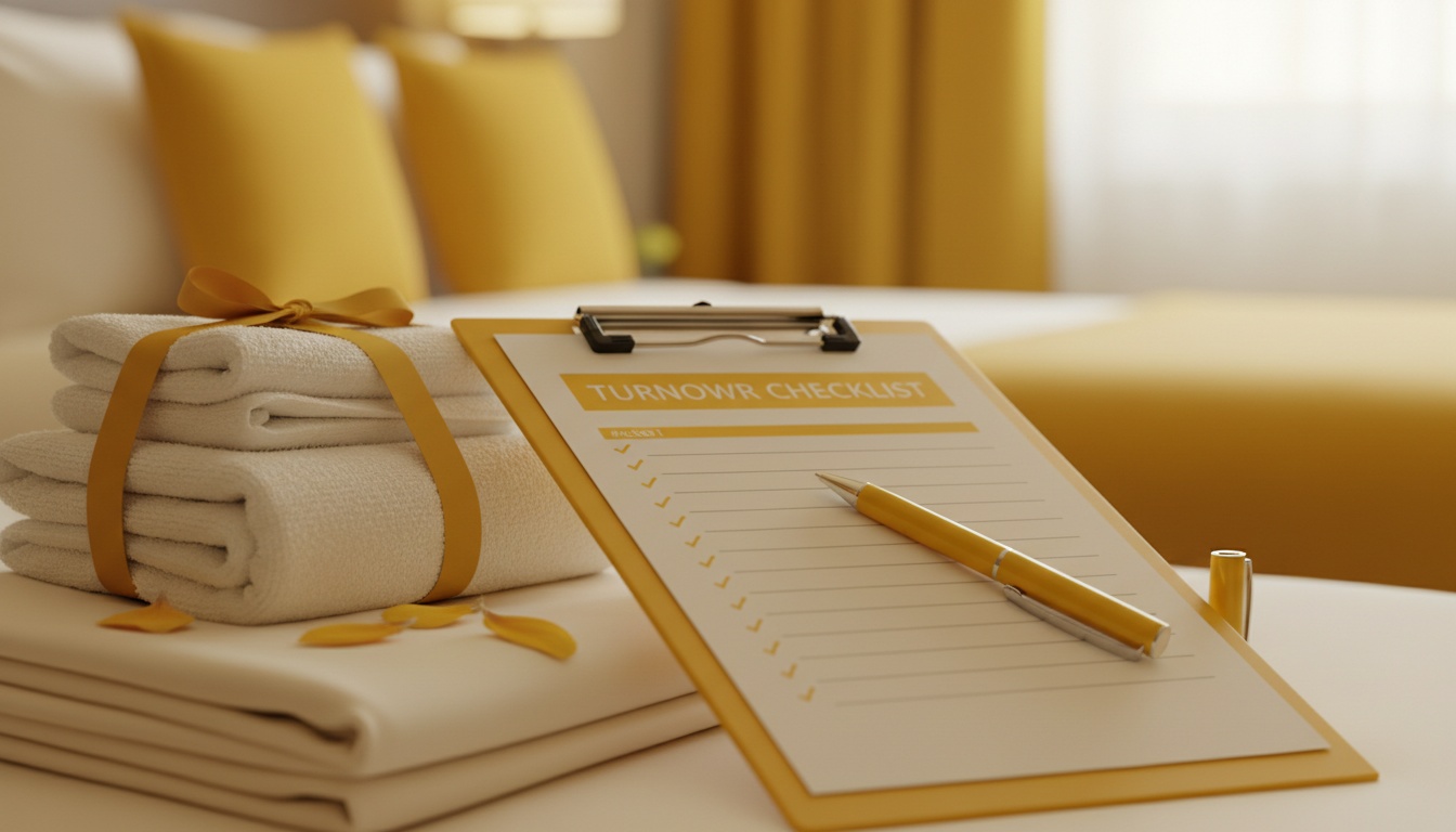 A printed turnover checklist on a clipboard with a pen, placed beside folded towels and fresh linens, professional high-quality photo