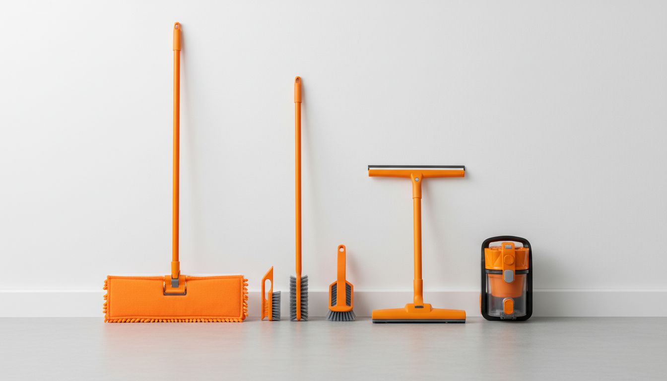 A neat lineup of the four tools—microfiber mop, scrub brushes, squeegee, and compact vacuum—against a clean white wall