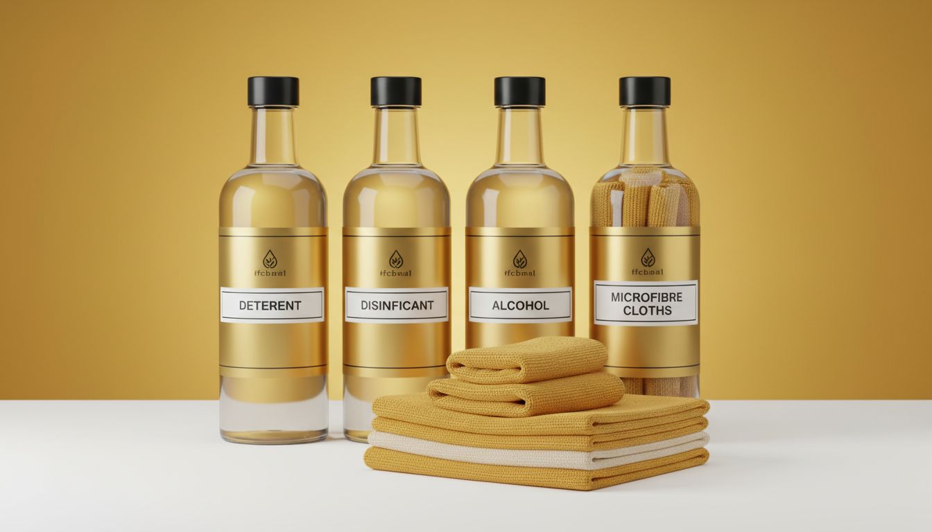 Professional photo of neatly arranged cleaning bottles with labels: detergent, disinfectant, alcohol, microfiber cloths