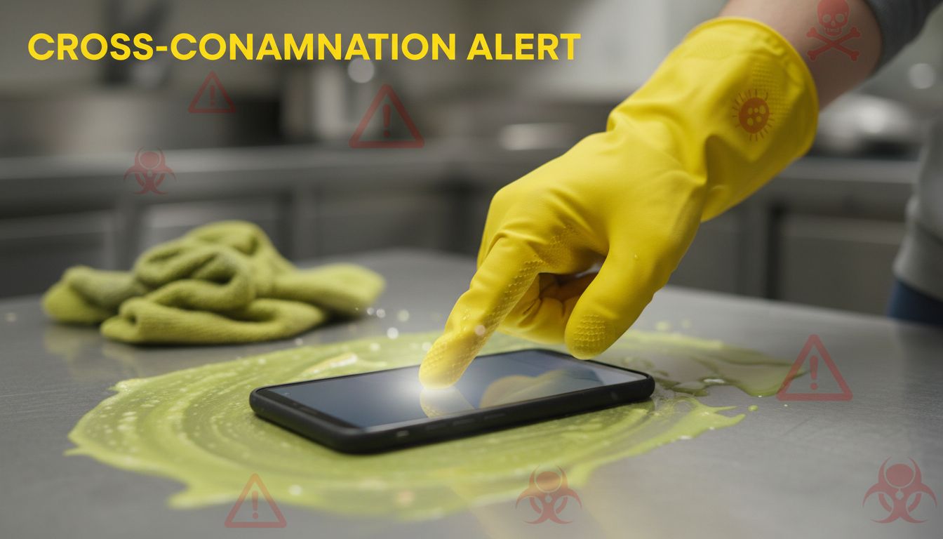 Professional photo of a person wearing gloves touching their phone while cleaning, illustrating cross-contamination