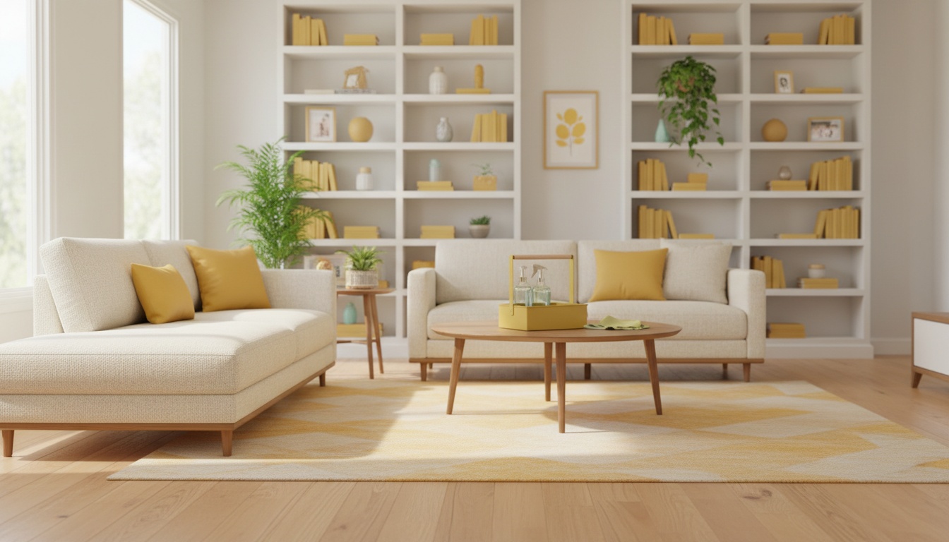 Professional photo of a tidy CDO family living room with sunlight, organized shelves, and a simple cleaning caddy on a table