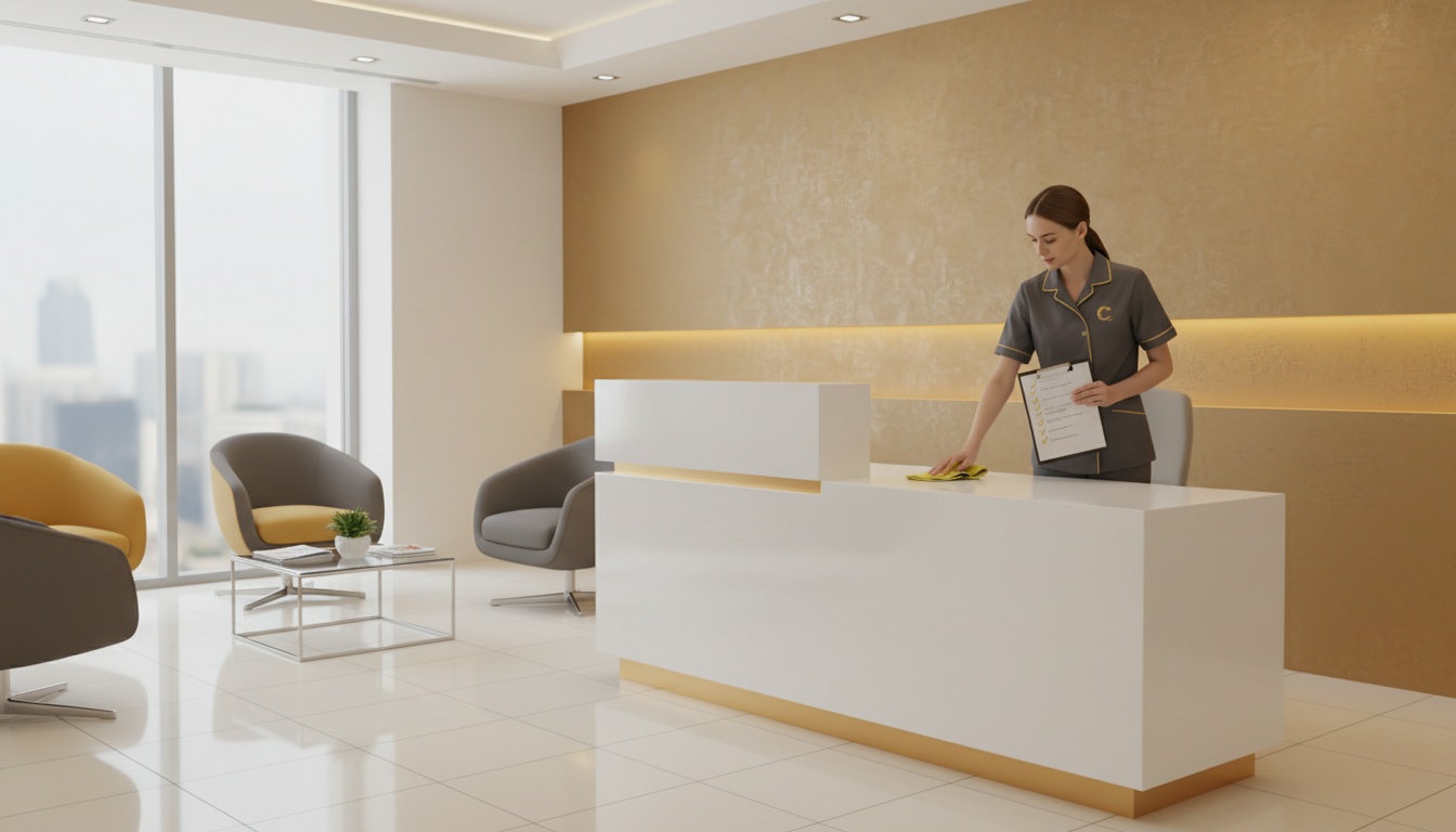 Professional small office reception area being wiped down by a uniformed cleaner with a checklist on a clipboard