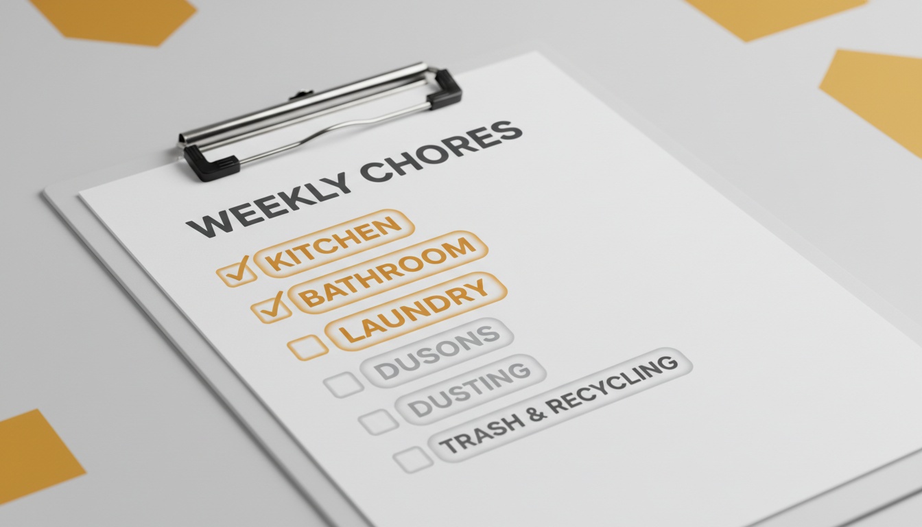 Clean, minimalist checklist on a clipboard with “Kitchen, Bathroom, Floors, Laundry” highlighted