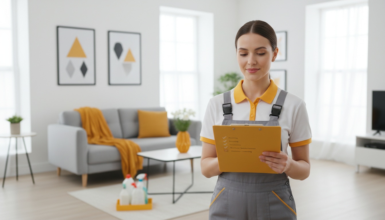 A professional cleaner holding a clipboard checklist in a bright, modern living room