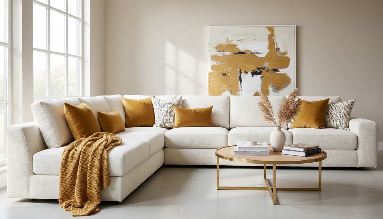Bright, modern living room with a clean upholstered sofa, throw pillows, and natural light—professional, high-quality
