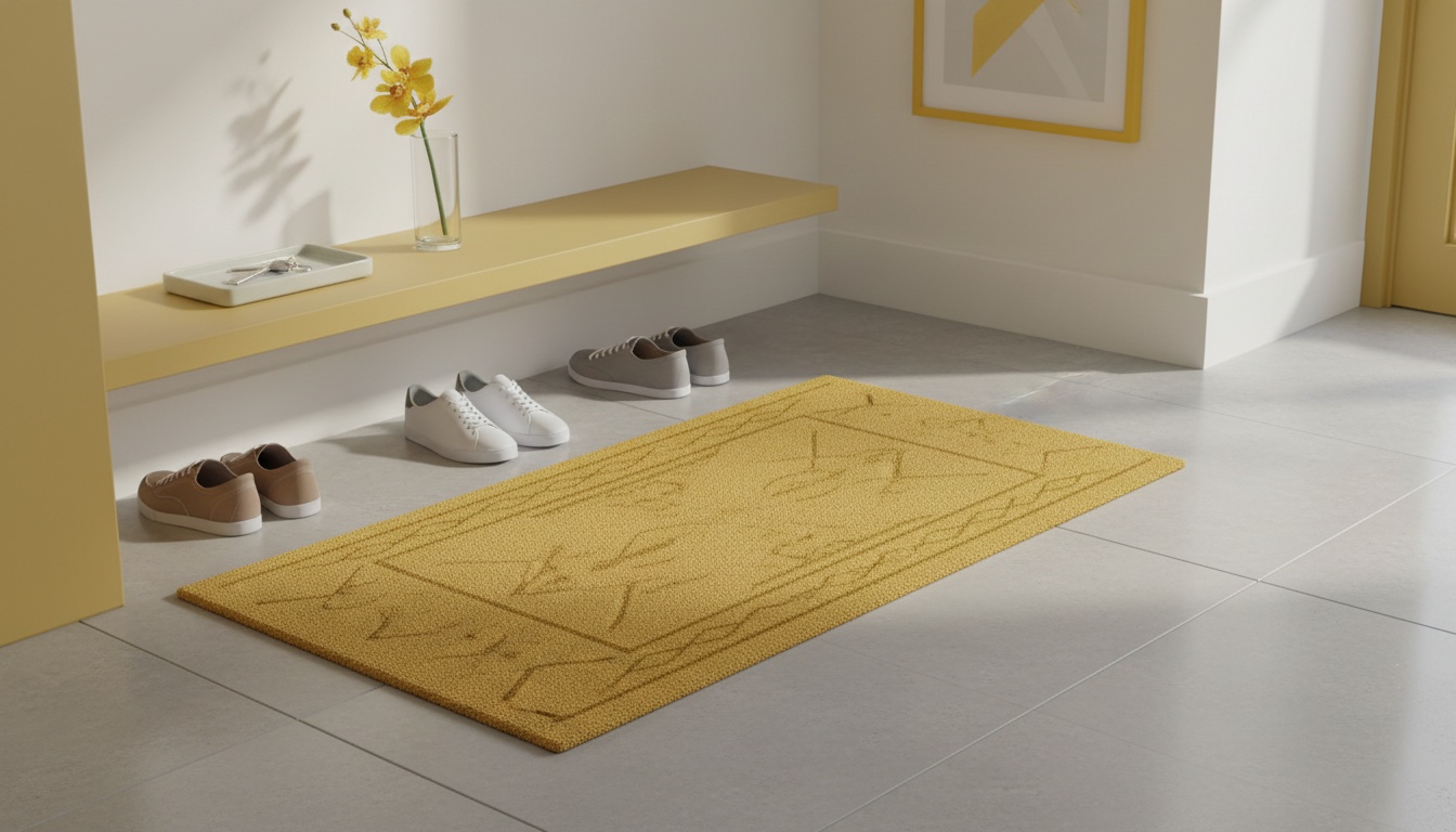 Clean entryway with neatly arranged shoes, a doormat, and a small tray for keys
