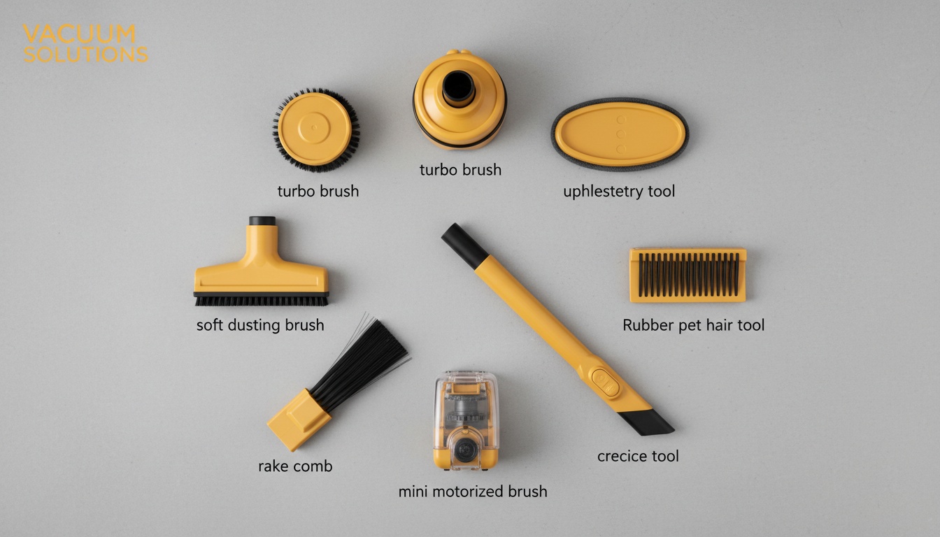 Clean product-style flat lay of common vacuum tools labeled: turbo brush, upholstery tool, crevice tool, rubber pet hair tool, mini motorized brush, soft dusting brush, rake comb