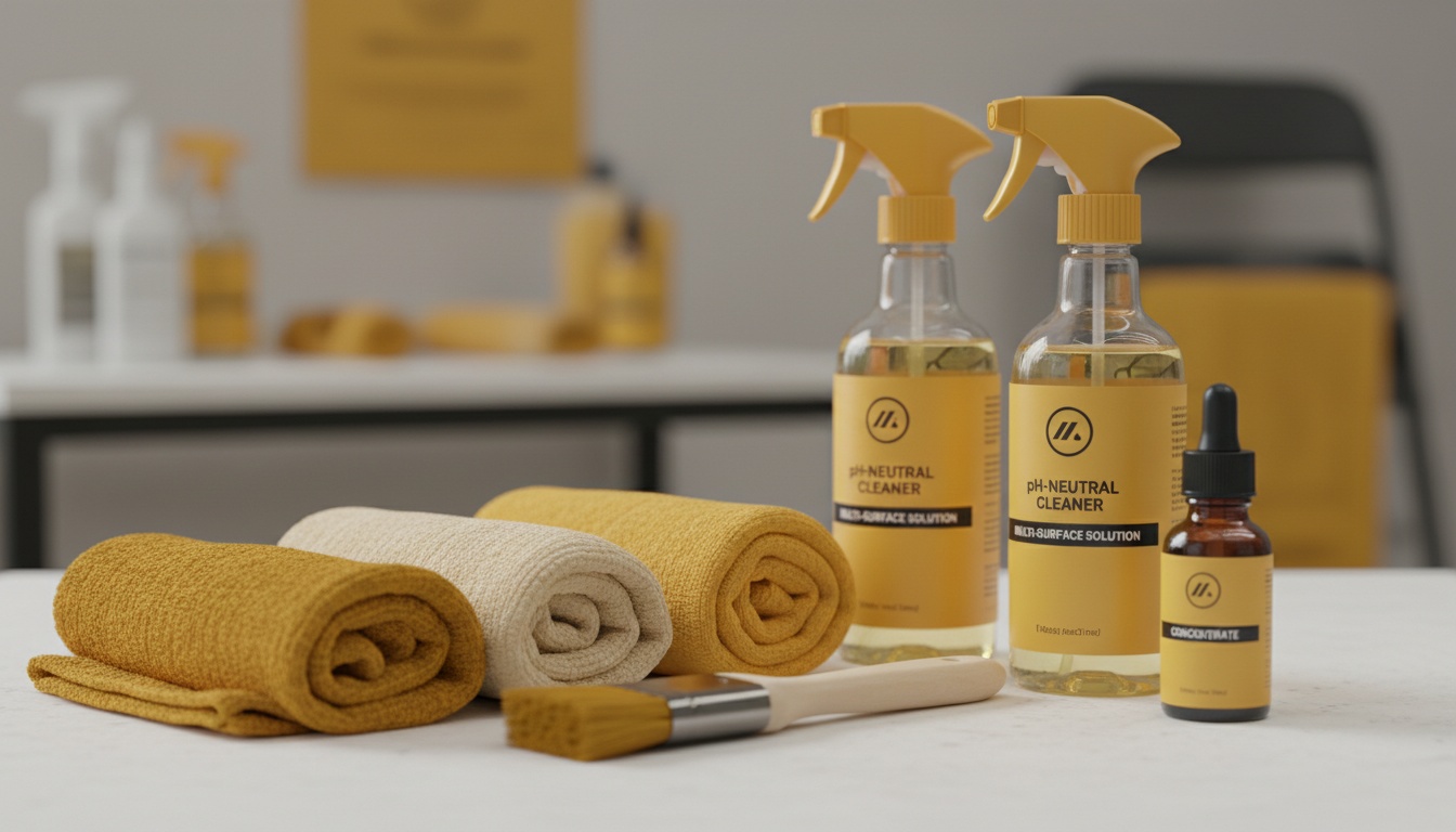 Professional close-up of cleaning tools laid out neatly—microfiber cloths, soft brush, pH-neutral cleaner, spray bottles