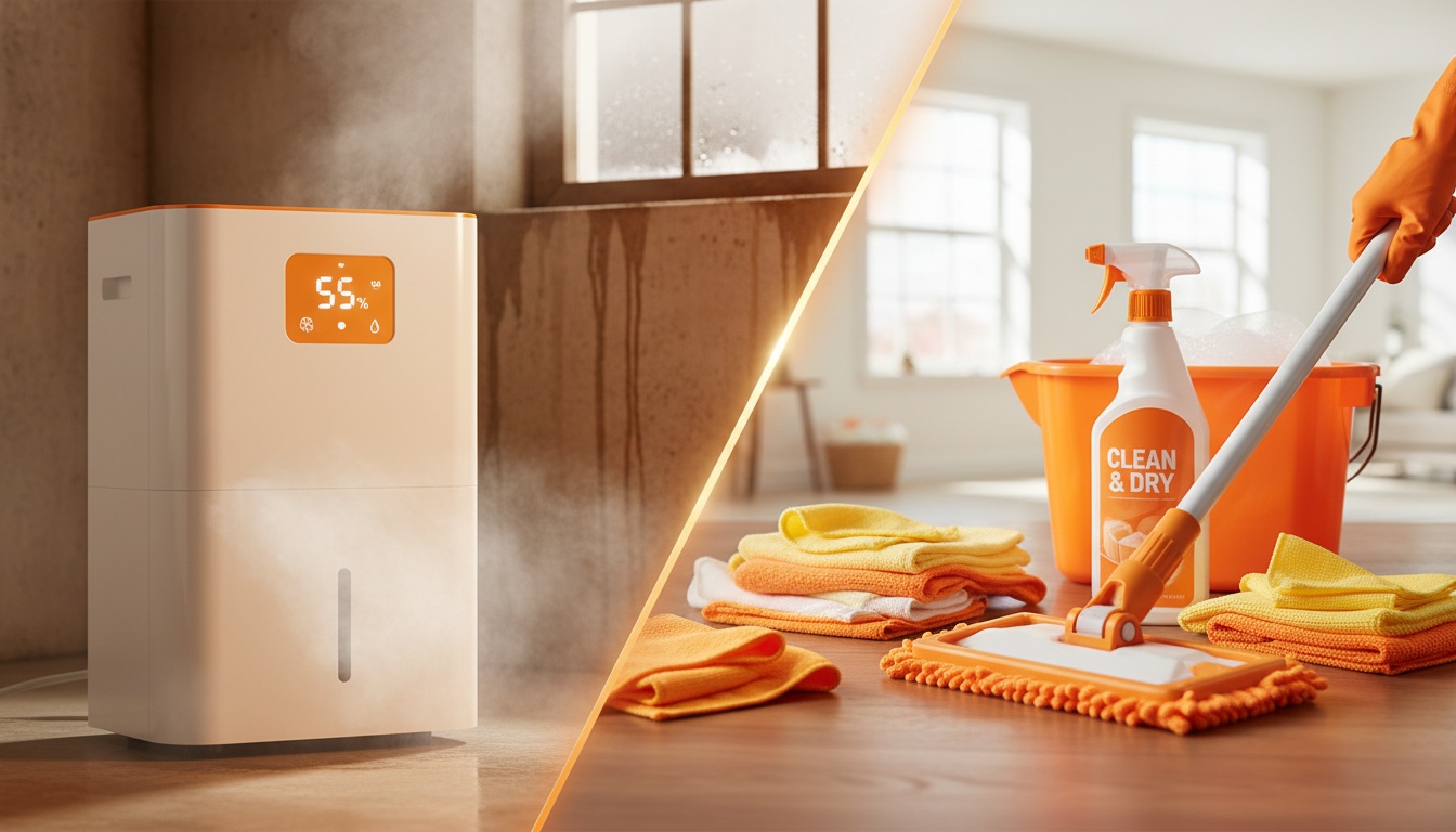 Split-scene photo showing a dehumidifier reading 55% on one side and a microfiber cleaning setup on the other