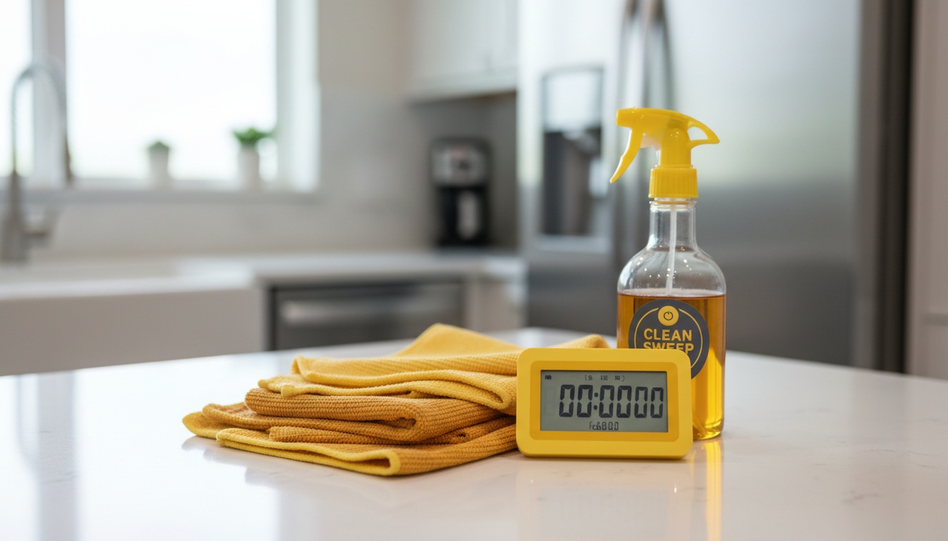 Professional photo of a timer beside microfiber cloths and a spray bottle on a kitchen counter