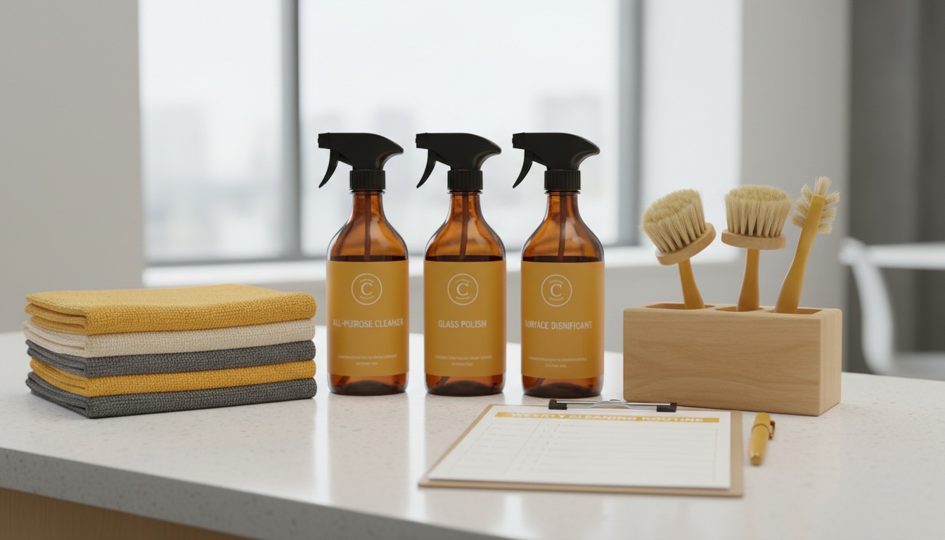 Cleaning tools neatly arranged on a counter—microfiber cloths, labeled spray bottles, brush set, and a checklist