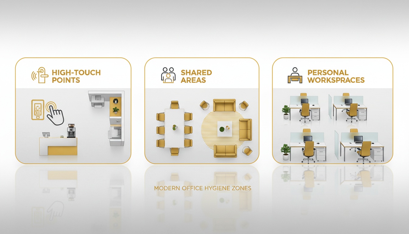 Clean modern office layout graphic showing three labeled zones: high-touch points, shared areas, and personal workspaces