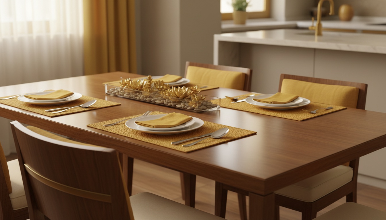 Dining table set neatly with clean placemats, sanitized surface, and polished chairs