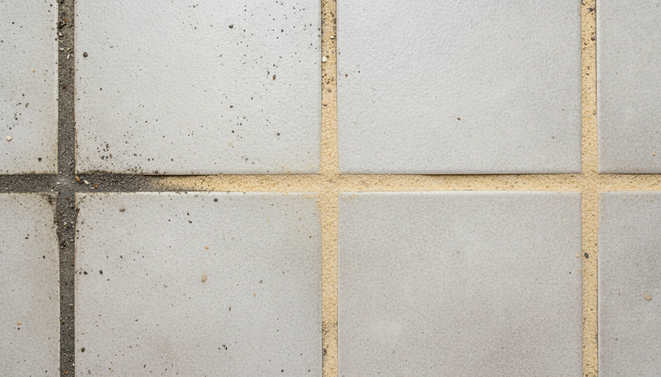 Close-up of grout lines showing contrast between dirty grout and cleaned section, professional lighting