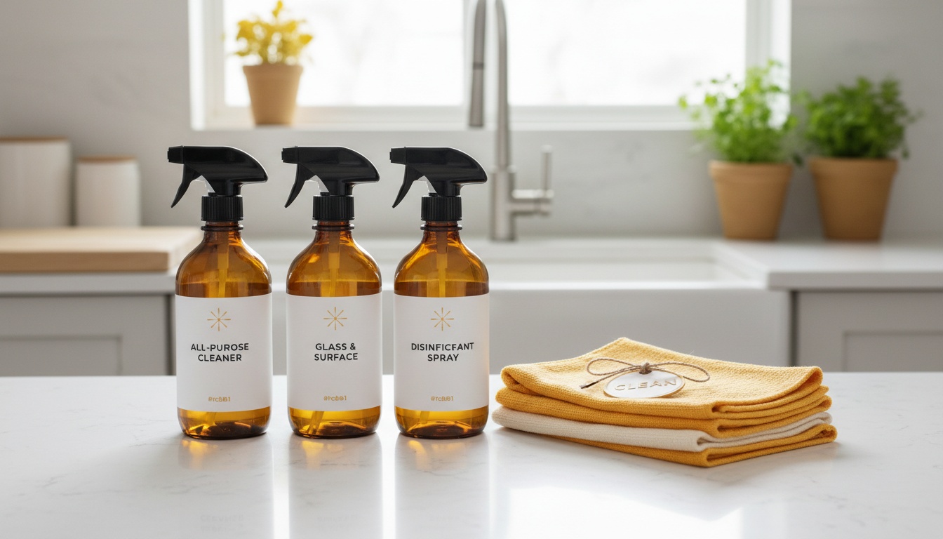 Professional photo of a clean CDO-style kitchen counter with labeled cleaning sprays and microfiber cloths