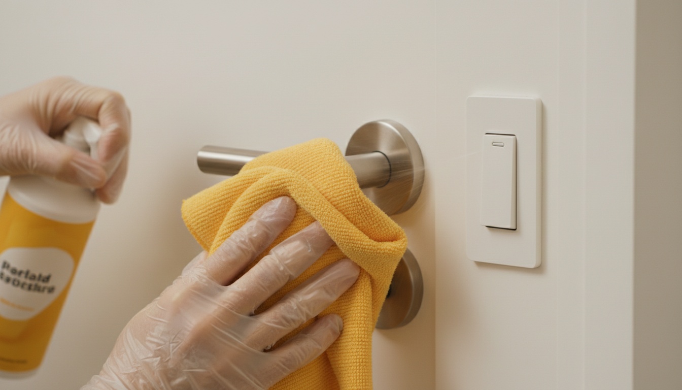 Close-up of hands disinfecting a door handle and light switch with a microfiber cloth